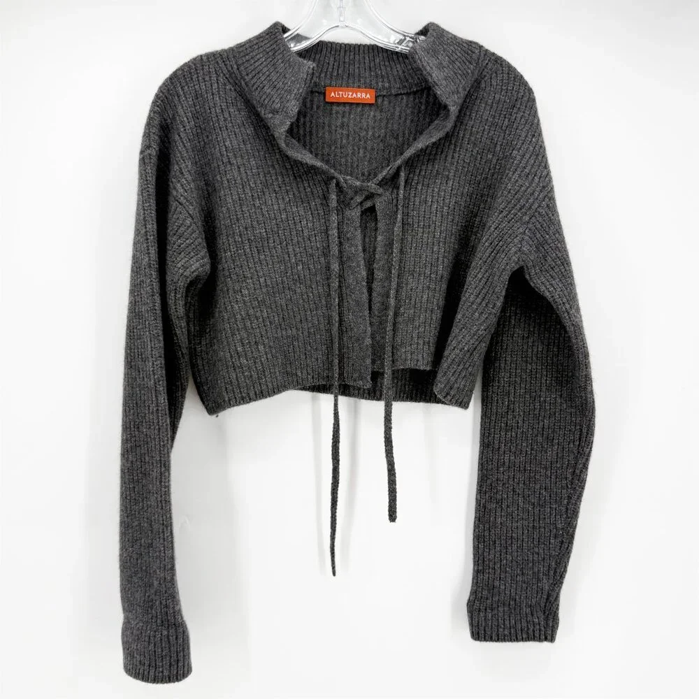 ALTUZARRA Cropped lace-up knitted cardigan knit sweater GRAY M - Picture 10 of 11